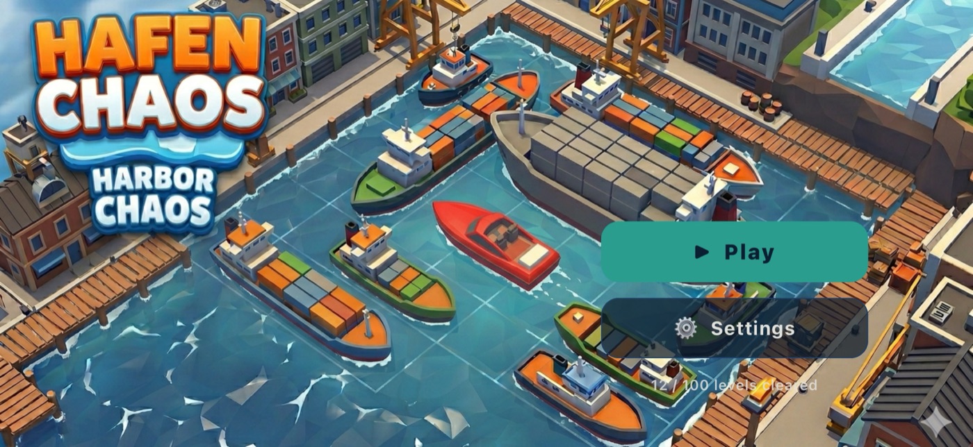 Harbor Chaos title screen with the low-poly harbor on a phone