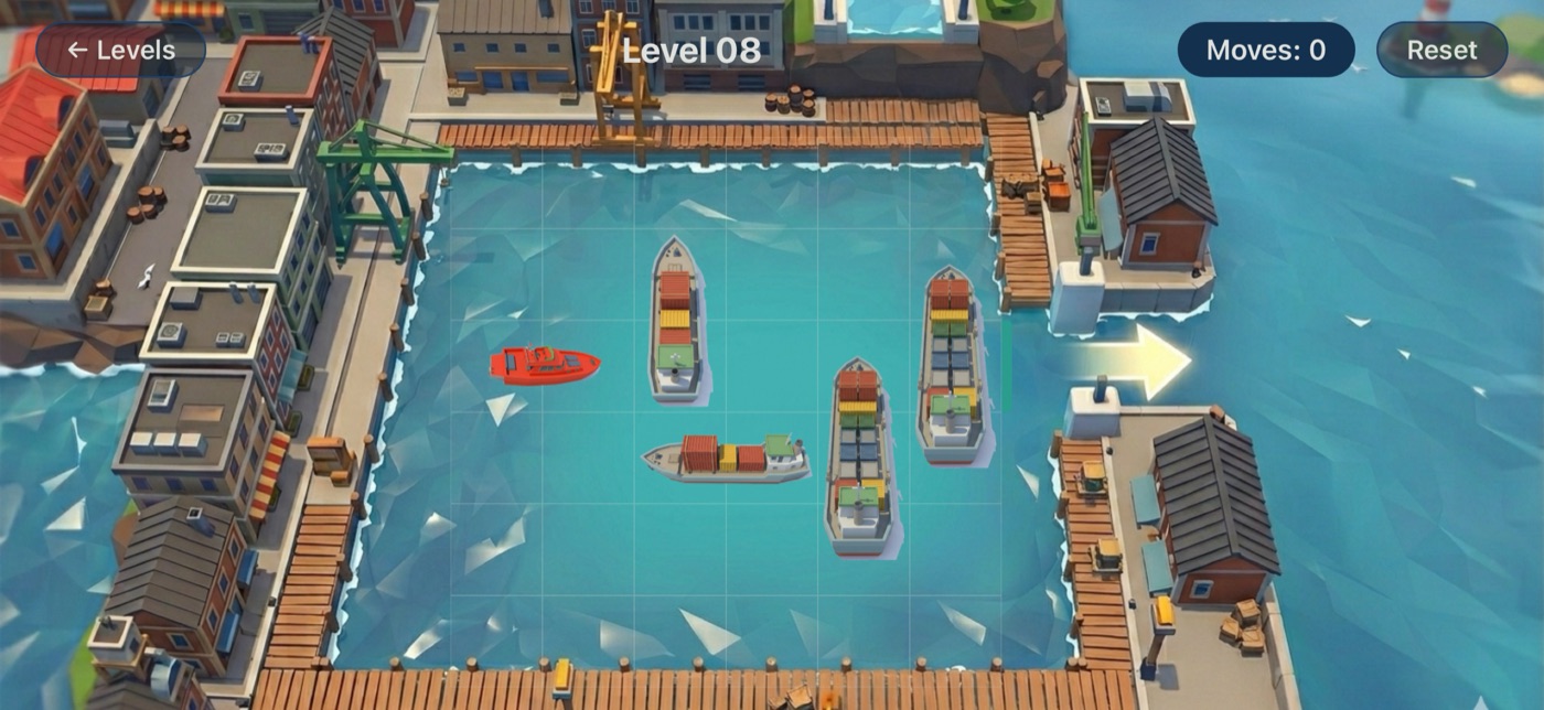 Gameplay — the red target ship blocked on the 6×6 harbor grid on a phone