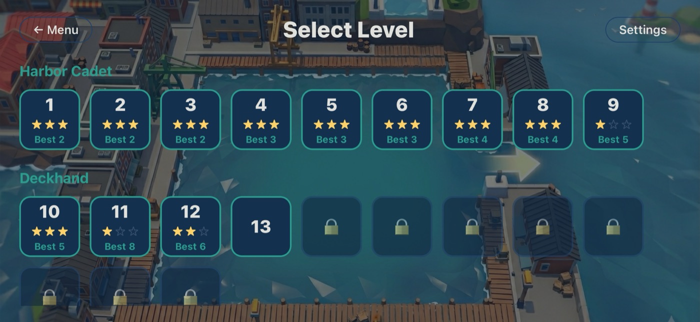 Level select grouped into difficulty sections with stars earned on a phone
