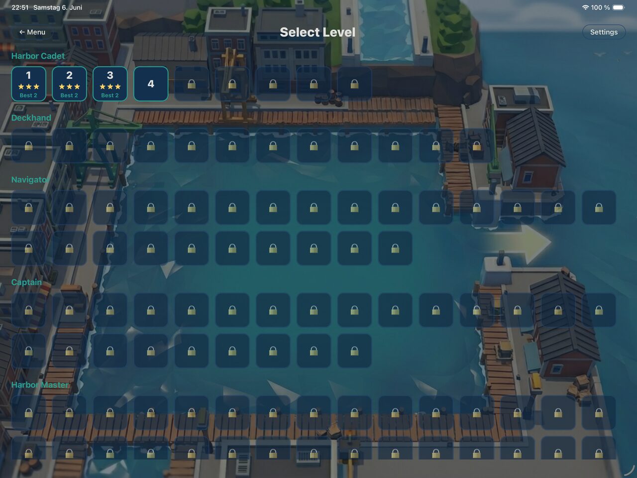 Harbor Chaos level select on a tablet, with difficulty sections across 100 levels